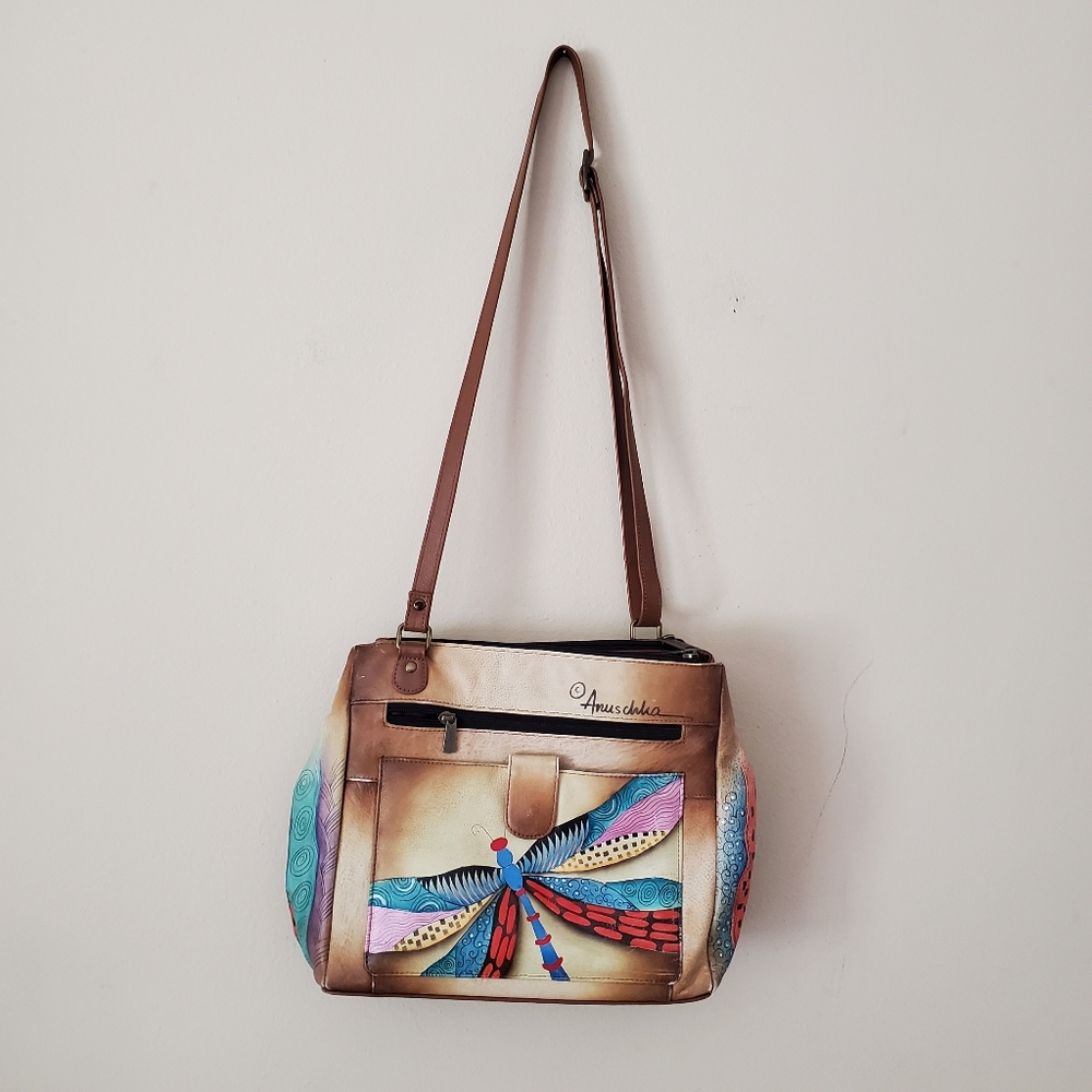 Anuschka Hand Painted Leather Shoulder Handbag Dragonfly Design
